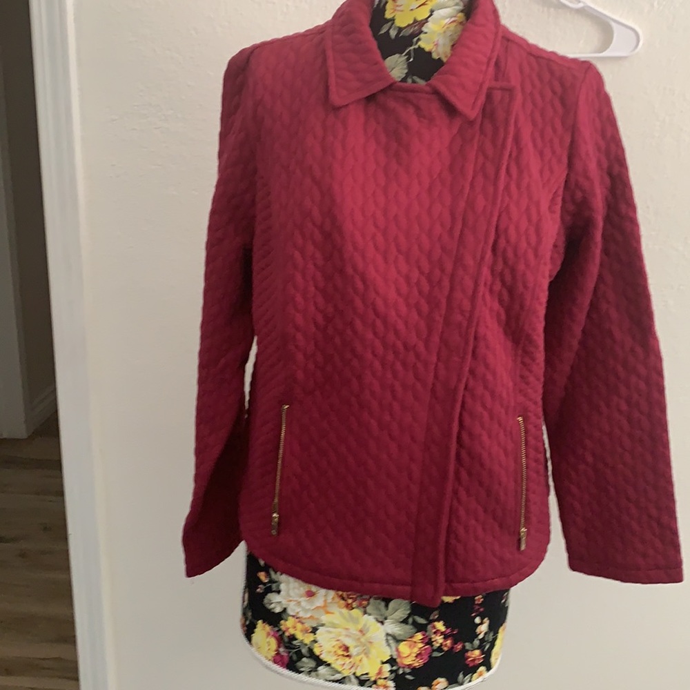 Isaac Mizrahi Quilted Knit Motorcycle Jacket  Black  Raspberry size large